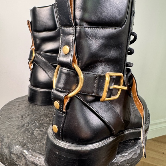 Chloe Diane Black Leather Lace up Combat Boots with Gold Buckle Size 9 - Picture 12 of 12